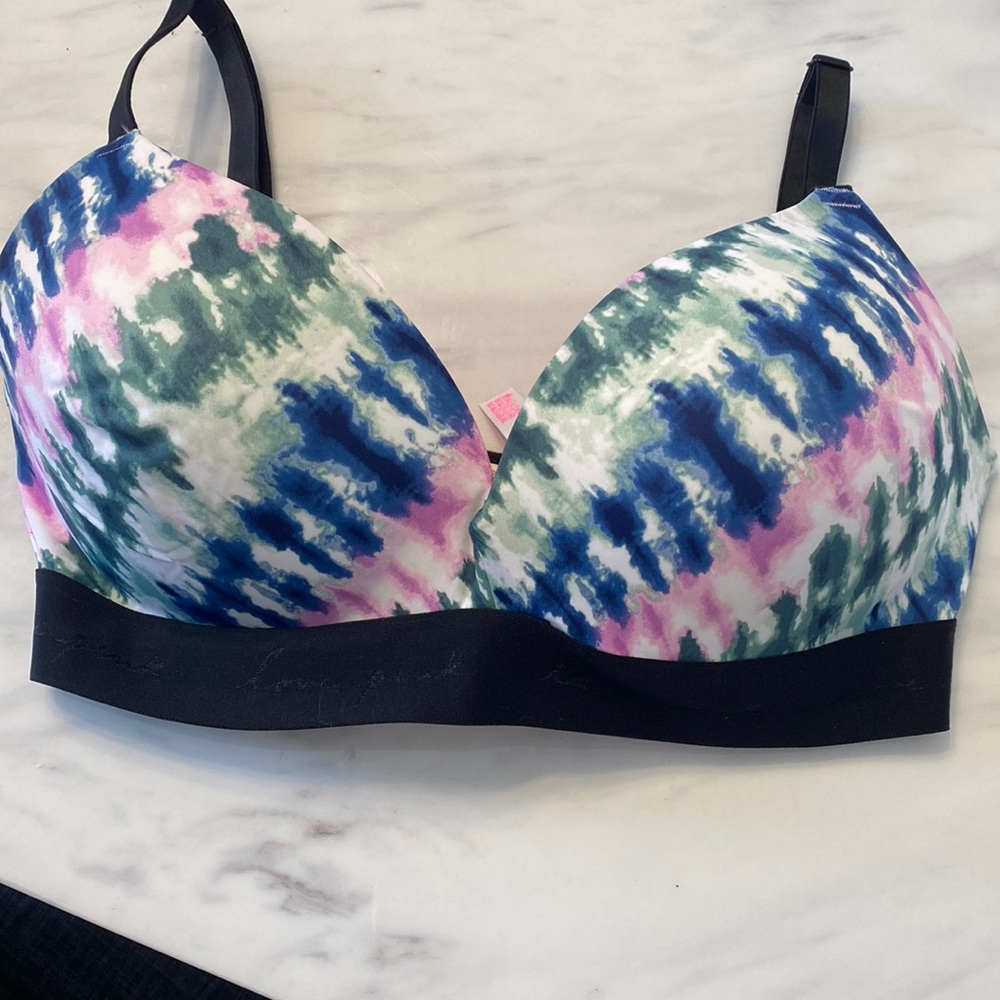 Victoria’s Secret tie-dye bra, love pink along bottom strap, pink interior